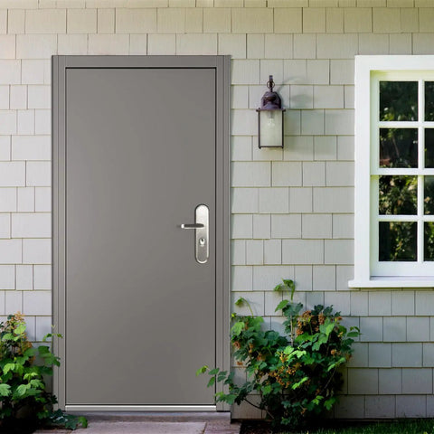 Quick Mount Steel Security Door With Frame And Hardware Gray Left Side Hinged Inward Swing Adjustable Width 32 And 11 Sixteenths To 35 Inches And Height 81 And 11 Sixteenths Inches Built To Last And Easy Install For A Solid Home Entry installed