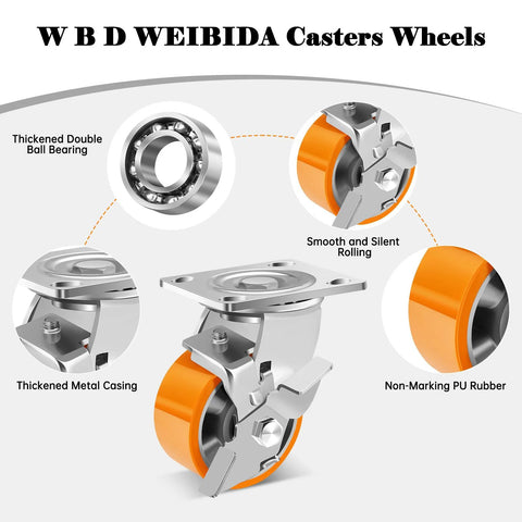 Industrial caster wheels with brakes by WEIBIDA featuring polyurethane on aluminum design with double ball bearing for smooth rolling.