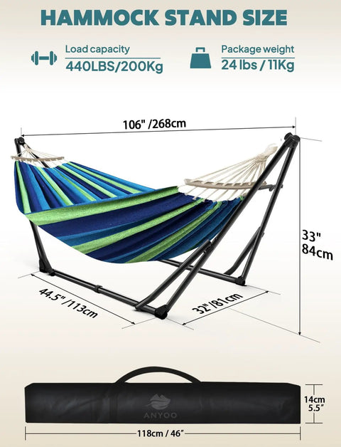 2 In 1 Hammock And Swing Chair With Collapsible Steel Stand And Portable Carry Case Adjustable And Quick Setup shown with dimensions