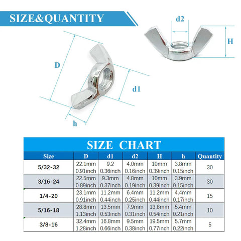 Wing Nut Kit 38 Pieces In 5 Sizes 5/32 3/16 1/4 5/16 3/8 Carbon Steel Zinc Plated Butterfly Fasteners Size Chart