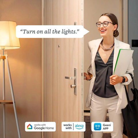 Person entering room with lamp on, using BR30 Smart LED Bulb With WiFi Multicolor RGB Dimmable And Energy Efficient 16 Million Colors Works With Alexa And Google Assistant Hands Free Voice Control A No Brainer For Living Room Or Bedroom 4 Pack