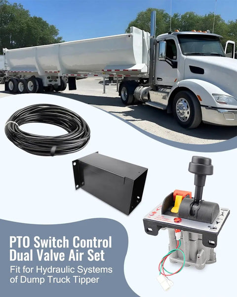 PTO Hoist Control Valve Air Kit with dump truck, dual valve console, 10m air tube, and black case for K90 system.