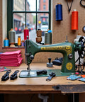 Vintage sewing machine on a wooden table surrounded by colorful threads and fabric, with the 12 Piece Black Zipper Repair Kit With Removable Sliders For Quick Fix On Clothes, Backpacks And Jackets, Instant Zip Slider Replacement Pack For Grab And Go Sewing Notions And Fasteners displayed nearby.