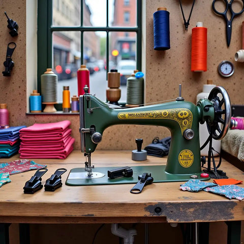 Vintage sewing machine on a wooden table surrounded by colorful threads and fabric, with the 12 Piece Black Zipper Repair Kit With Removable Sliders For Quick Fix On Clothes, Backpacks And Jackets, Instant Zip Slider Replacement Pack For Grab And Go Sewing Notions And Fasteners displayed nearby.
