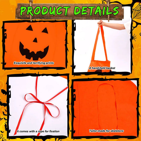 12 Ft Skeleton Costume Accessories Set With Pumpkin Hat Pumpkin Shaped Clothes And Handheld Fabric Basket details view