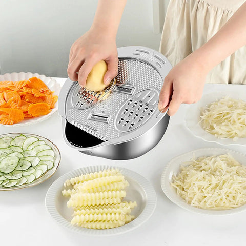 Person grating potato on Stainless Steel Rice Strainer Colander with Side Drain, Grater Lid, V-Shaped Bottom, in kitchen setting.