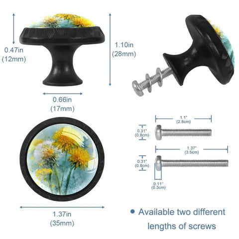 Yellow Dandelion Crystal Glass Cabinet Knobs And Drawer Pulls Super Sleek Furniture Hardware With Stainless Screws For Kitchen Cupboards Dressers 4 Pack, showing dimensions and screws.