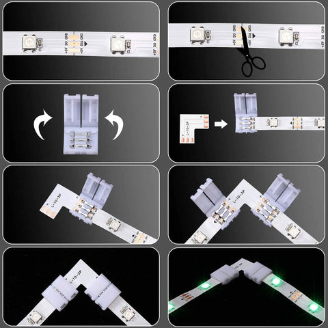 10mm 3 Pin LED Strip Connectors Kit Solderless L Shape And T Shape Adapters for WS2811 WS2812B SK6812, clip connection process.
