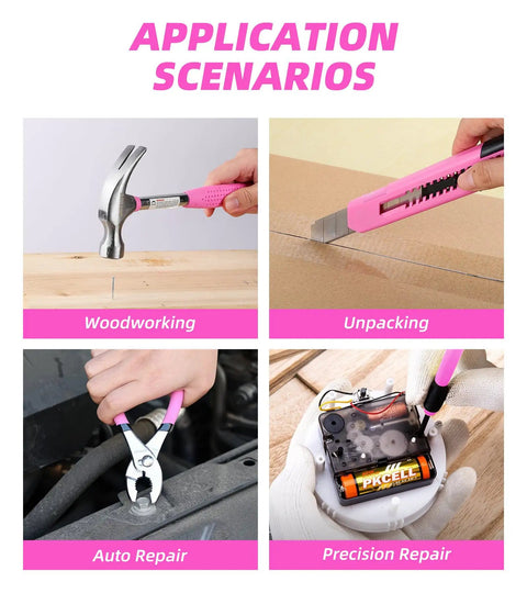 Pink 40 Piece Home Go-To DIY Tool Set With Plastic Toolbox Case Chrome Vanadium Hand Tools showing various repair scenarios