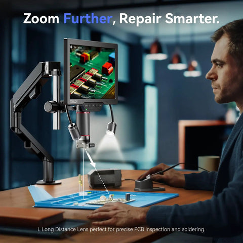 3D Digital Microscope For Soldering With Magnetic Dual Lens, 360 Degree Side Viewing, 7 Inch IPS Screen, 3K Resolution, HDMI And USB Output, Gooseneck Light, Repair Mat, 16GB Built In Memory, Pro Grade Tool For PCB Repair And Jewelry Inspection on PCB workbench