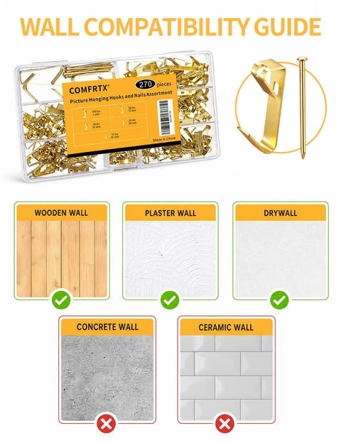 270 Piece Picture Hanging Kit With Nails Heavy Duty Hooks Holds 10 To 100 Lbs Assorted Sizes For Gallery Walls Easy DIY Setup No Hassle Trip To The Hardware Store, wall compatibility guide