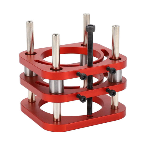 Heavy Duty Steel Router Lift Base With Two Inch Travel Dead On Height Control For Carving Routing And Chamfering Tasks, Red aluminum construction.