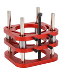 Heavy Duty Router Lift Base Kit With Tough Metal Insert Plate Fitting 64 To 66 Millimeter Motors close-up view of red aluminum construction.