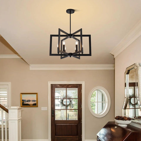 Killer 22 Inch Black Chandelier With Six Geometric Farmhouse Lights, Modern Industrial Pendant Fixture Over Kitchen Island Or Dining Room, Swoon Worthy Entryway Ceiling Lamp in a home's entryway.