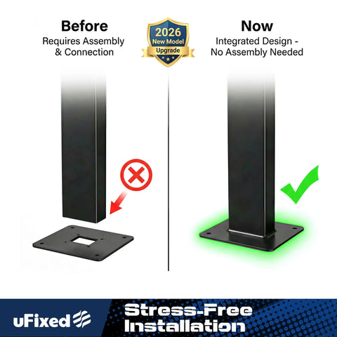 Universal EV Charger Pedestal Featuring Heavy Duty Steel Frame And Sleek Internal Wire Routing For Hassle Free Driveway Placement Before and after installation comparison.