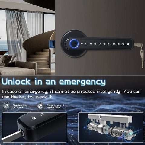 4 In 1 Fingerprint Door Lock With App Control, Password Access, Backup Key, And Keyless Entry on door, silver key visible