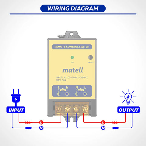 Wiring diagram for Dope RF Remote Switch For Home And Garage, 110V To 240V, 16A, 300ft Range, showing input and output connections.