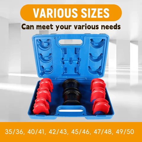All In One Fork Seal Driver Tool Kit For Motorcycle And Bike 35mm To 50mm With Six Adapters in open blue case