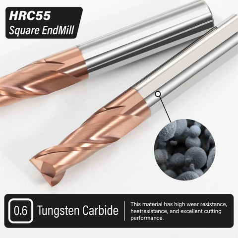 Close-up of Precision 1/16 Inch 2-Flute Carbide Square End Mill Set showing HRC55 TiSiN coating for tough alloy steels and cast iron.