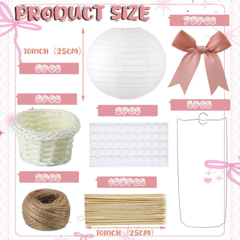Six Pink Bow Hot Air Balloon Table Centerpieces Set With 9.8 Inch Paper Lanterns, Mini Woven Baskets, Wooden Sticks, Adhesive Dots, And Bows For Gender Reveal Baby Shower Wedding Party Decor component sizes. Includes baskets, paper lantern, bows, adhesive dots, twine, and wooden sticks.