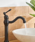 Matte Black Vessel Sink Faucet With 360 Degree Swivel, Single Handle One Hole Lavatory Mixer Tap, brass, water flowing