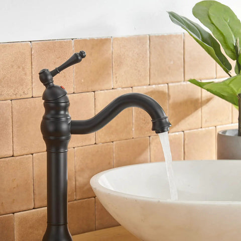 Matte Black Vessel Sink Faucet With 360 Degree Swivel, Single Handle One Hole Lavatory Mixer Tap, brass, water flowing