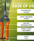 Top Notch Pro Grade Japanese Harvesting Shears With Straight 58 Millimeter Blade Black Fluorine Coated Stainless Steel Spring Loaded Grip Shock Absorbing Handle Safety Lock Made In Japan Ideal For Pruning And Harvesting Delicate Plants In Gardens with ease of use features highlighted.