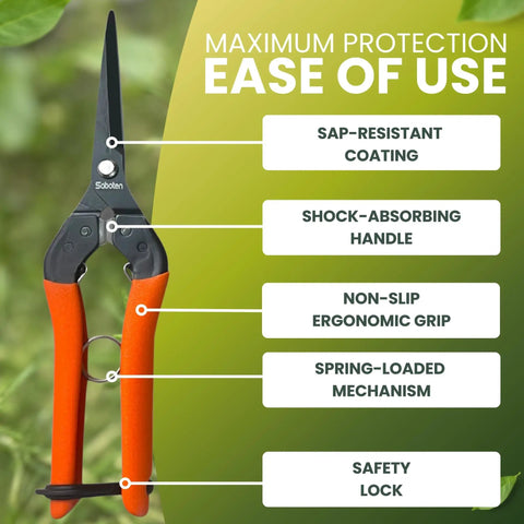 Top Notch Pro Grade Japanese Harvesting Shears With Straight 58 Millimeter Blade Black Fluorine Coated Stainless Steel Spring Loaded Grip Shock Absorbing Handle Safety Lock Made In Japan Ideal For Pruning And Harvesting Delicate Plants In Gardens with ease of use features highlighted.