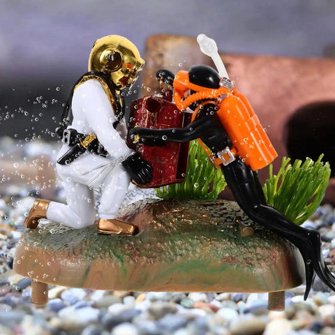 Floating Diver Treasure Chest Aquarium Ornament featuring diver figures with treasure on rocky base, enhancing tank landscapes.