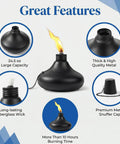 Image showing the features of the Upgraded Tabletop Torch Set Of 6 With 24.5 Oz Citronella Fuel Refillable Metal Lanterns for outdoor use.