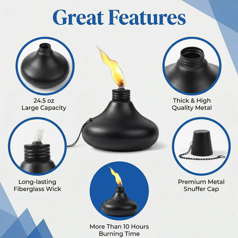 Image showing the features of the Upgraded Tabletop Torch Set Of 6 With 24.5 Oz Citronella Fuel Refillable Metal Lanterns for outdoor use.