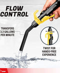 Heavy Duty Electric Fuel Transfer Pump For 15 To 55 Gallon Drums 3.3 Gpm Flow showing flow control handle with water splashes.