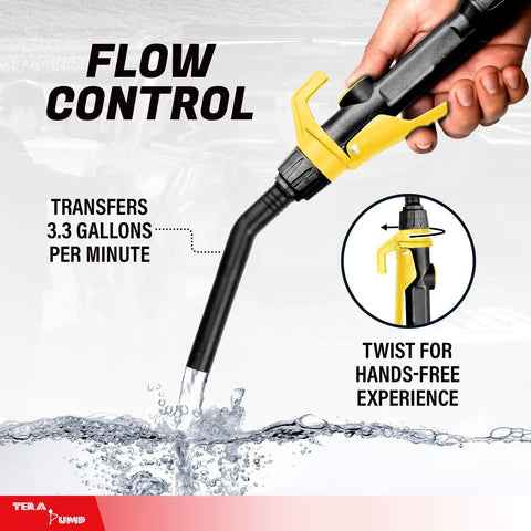 Heavy Duty Electric Fuel Transfer Pump For 15 To 55 Gallon Drums 3.3 Gpm Flow showing flow control handle with water splashes.