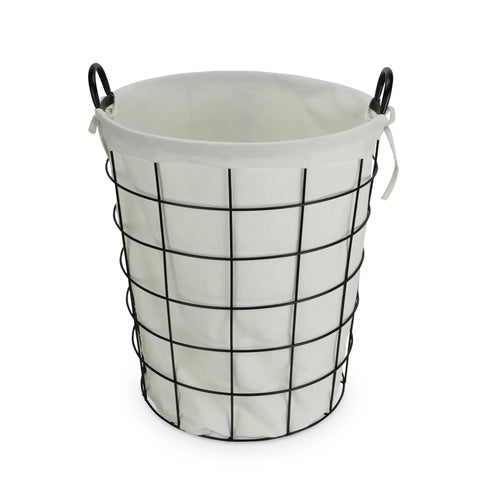 16 Inch Metal Wire Basket With Linen Fabric Liner And Side Handles For Laundry And Home Storage, white liner, black wire frame