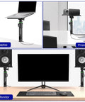Pro Grade Studio Monitor Stands Pair With Desk Clamp, Tilt From 0 To 12 Degrees, holding laptop, projector, and monitors.