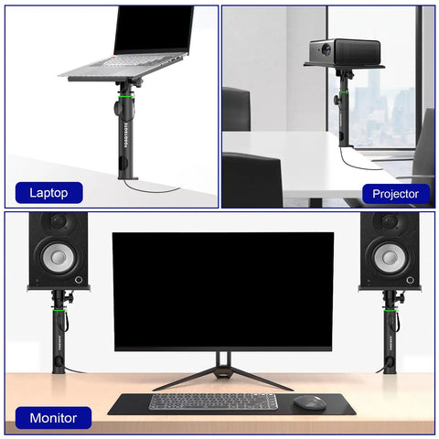 Pro Grade Studio Monitor Stands Pair With Desk Clamp, Tilt From 0 To 12 Degrees, holding laptop, projector, and monitors.