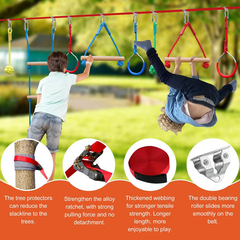 Kids playing on 60ft Slackline Obstacle Course For Kids With 8 Accessories, Tree Protector And Carry Bag in a backyard setting