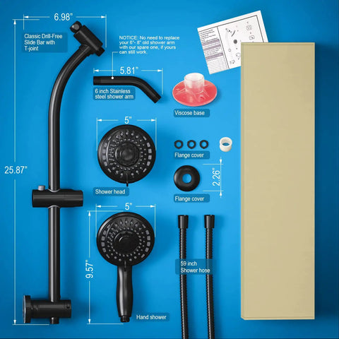 Handheld Showerhead And Rain Shower Combo With 27.5 Inch Drill-Free Stainless Steel Slide Bar 5-Setting Shower Head 5 Foot Hose No Tool Needed Install Easy Reach Shower System For Quick Bathroom Upgrade components.