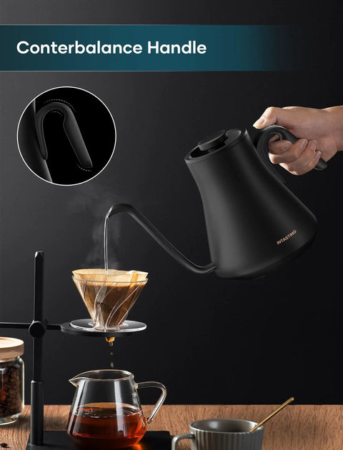 Gooseneck Electric Kettle With Plus Or Minus One Degree Fahrenheit Precision, stainless steel interior, pouring over coffee