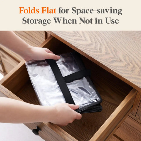 4 Pack Clear 40L Plastic Clothes Storage Bags With Zipper folded in drawer for simple storage solution.