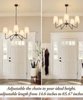5 Light Modern Chandelier With White Fabric Shades, Sleek Black Dope Ceiling Pendant in hallway, adjustable height, E12 base.