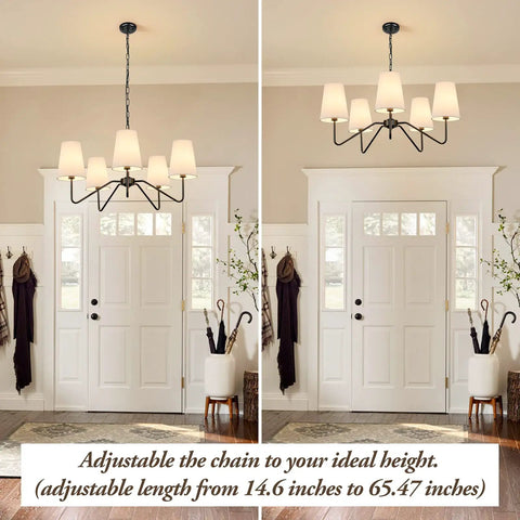 5 Light Modern Chandelier With White Fabric Shades, Sleek Black Dope Ceiling Pendant in hallway, adjustable height, E12 base.
