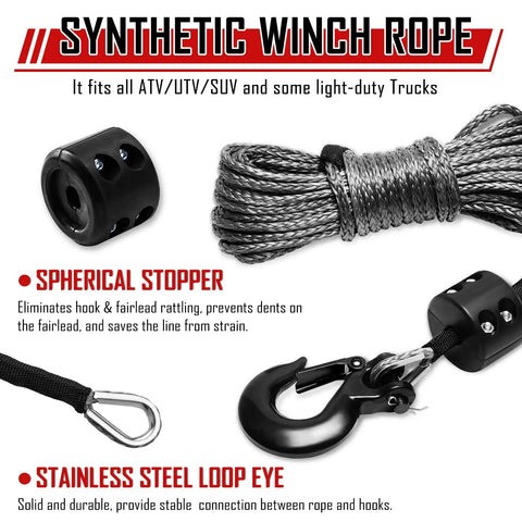 Synthetic Winch Rope Kit One Quarter Inch By Fifty Foot 9500 Lb Load Winch Line With Protective Sleeve Rubber Stopper