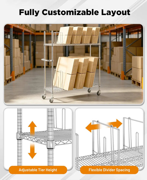 Heavy Duty Wire Carton Cart Rolls Smooth As Butter With Two Sturdy Shelves For Packing Stations with adjustable heights and dividers.