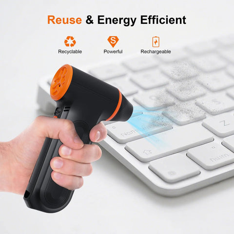 Person using Rechargeable Electric Air Duster With 150000 RPM Turbo Power on a dusty keyboard, highlighting keyboard cleaning.