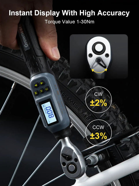 Digital Torque Wrench One Quarter Inch Drive With Buzzer And LED Indicator on a bike wheel, 1.5-30 Nm