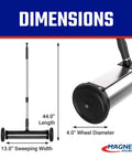 Dimensions of Magnetic Sweeper With Wheels, Mini Push Type Yard Nail Picker, 13 Inch Rolling Magnet, Telescoping Handle