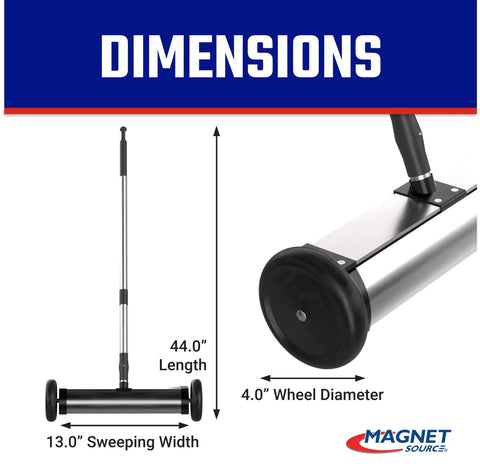 Dimensions of Magnetic Sweeper With Wheels, Mini Push Type Yard Nail Picker, 13 Inch Rolling Magnet, Telescoping Handle