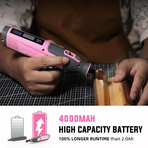 Close up of Pink 4V Cordless Rotary Tool Kit With Seventy Heavy Duty Bits And Slick Engraving Handle used for wood cutting.