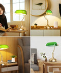 Green Glass Bankers Lamp With 2 USB Ports And Touch Control Brass Base 3 Way Dimmable Vintage Desk Lamp in various settings